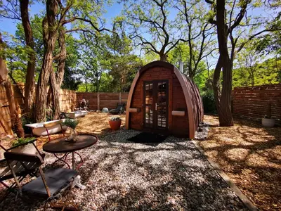 Ein Garten an der Unterkunft Holzhaus