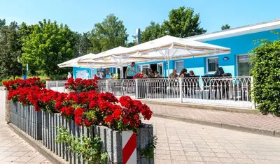 Ein Restaurant oder anderes Speiselokal in der Unterkunft Bungis - 28 Ferienhäuser Am Grimnitzsee G2